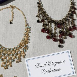 Lot of 2 Statement Necklaces: Gold-Tone Bib Dangle & Bronze Red Beaded Chain